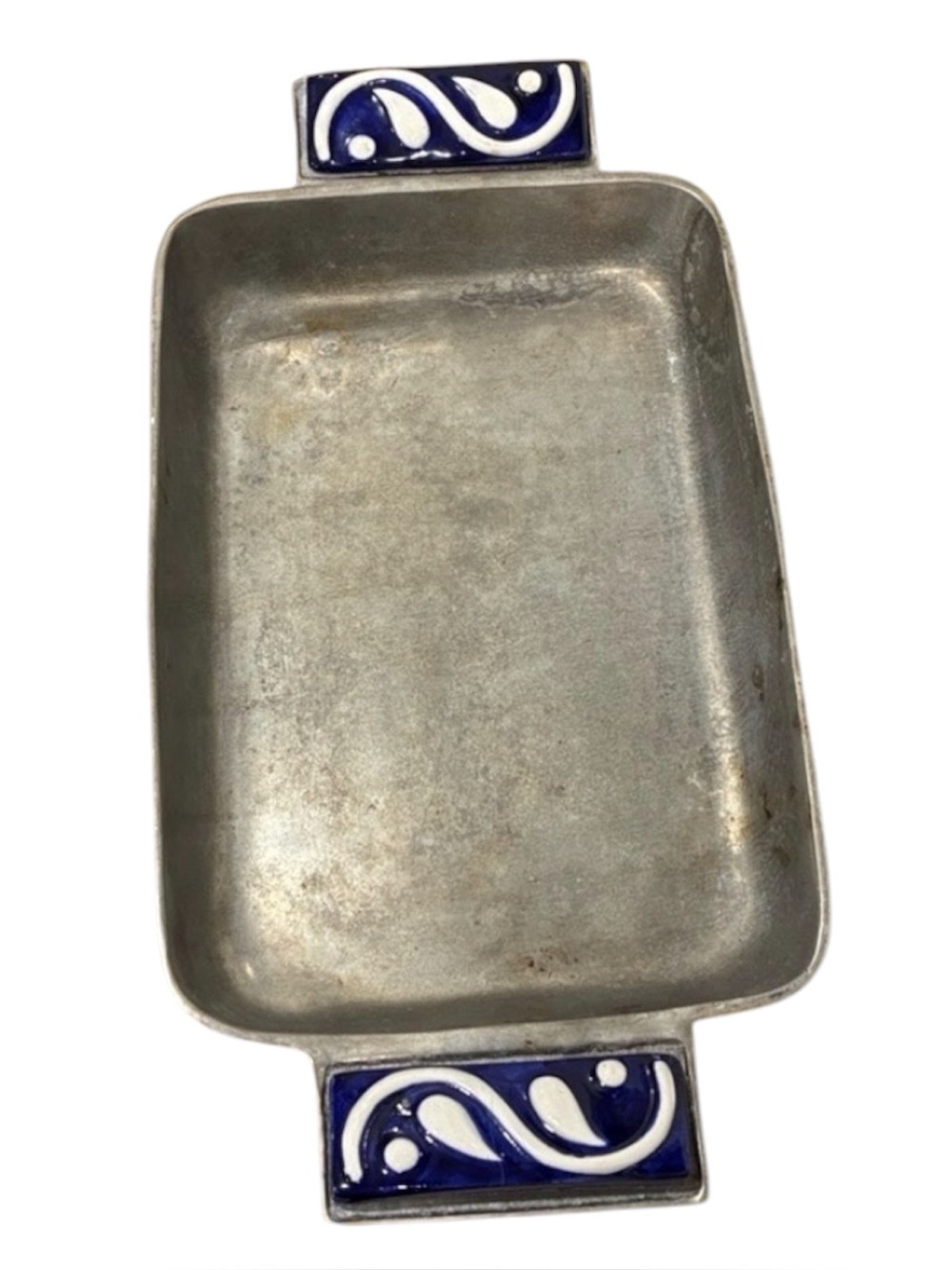 VTG Pewter Food Safe Tray W/Blue and White Swirled Glass/ Ceramic Handles Unique